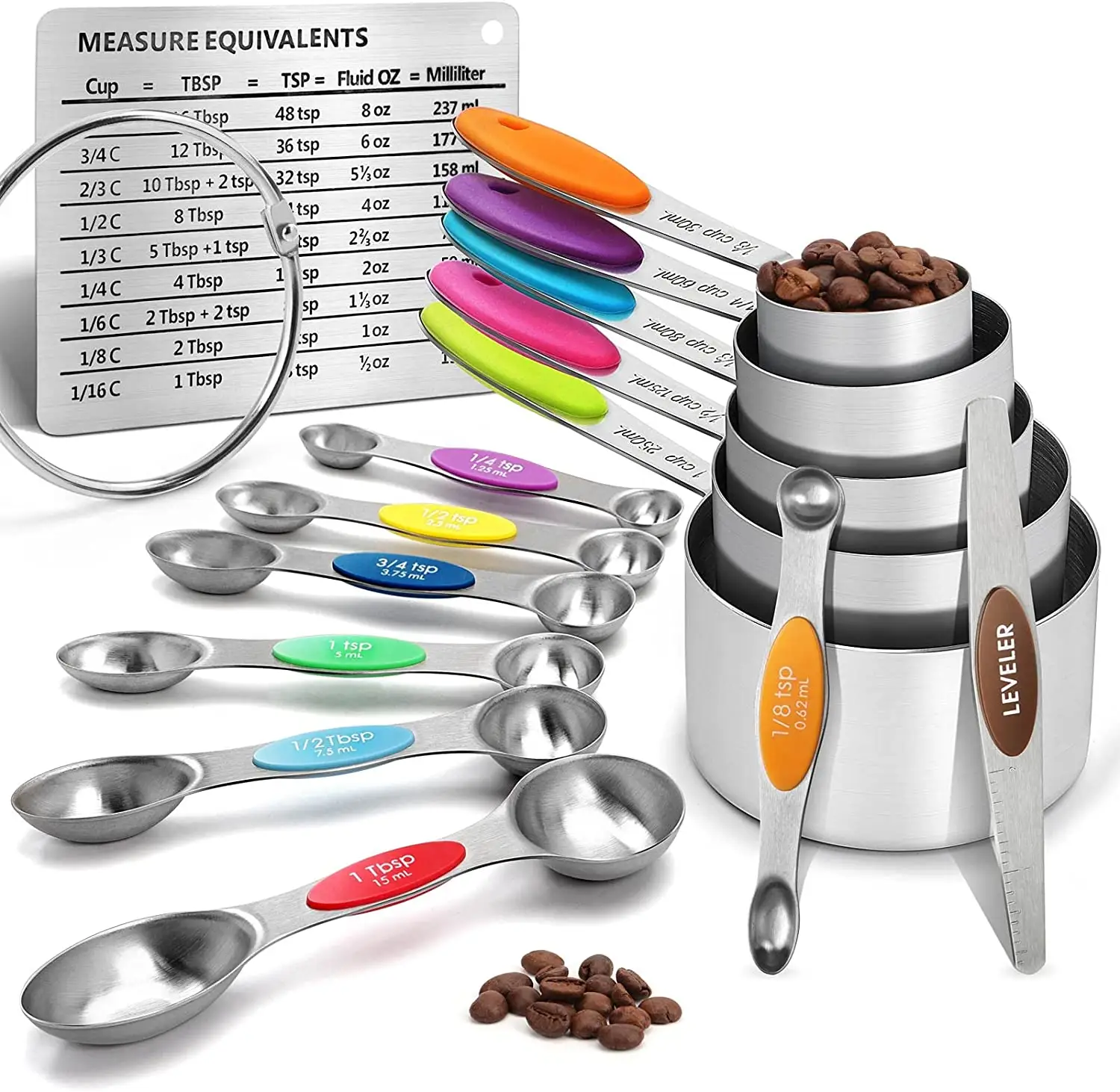 14 Piece Stainless Steel Measuring Cup and Magnetic Measuring Spoons Set with Leveler and Measuring Conversion Chart