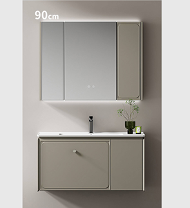 Meubles d'hôtel modernes Vasques de salle de bain murales réglables en <span class=keywords><strong>hauteur</strong></span> sans couture Miroir de salle de bain LED Caisson en contreplaqué Acier inoxydable - Product Image 2