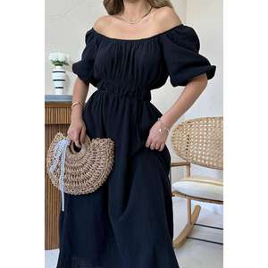 Vestido de Lino Muselina Negro al por Mayor, Elegante con Cuello Fruncido, Ropa Casual Personalizada para el Día a Día, Tallas XS-6XL, Manga Abullonada, Largo hasta la Rodilla, Formal - Product Image 2
