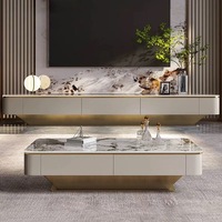 Ensemble de meuble TV moderne de luxe en marbre et bois et grande table basse rectangulaire pour salon, design en acier inoxydable doré