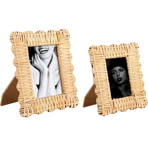 Handcrafted Woven Rattan Photo Frame Scalloped Cane Wicker <b>Picture</b> Frame Tabletop Easel Stand Coastal Boho Home Decor Set - Product Image 1