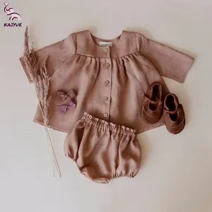 Bán Hàng Nóng Mùa Thu Linen Cotton Cardigan Quần Áo Thiết Lập Bé Cô Gái Dài Tay Áo Cổ Điển Áo Cánh Và Quần Short Trẻ Em Của Phù Hợp Với