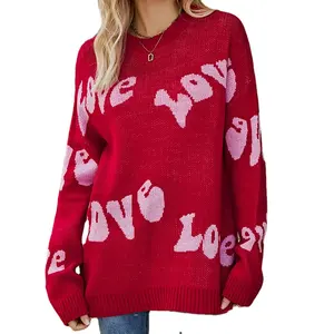 2024 Spring Fall Valentine's Day loose Round Neck fashion jacquard letter knitwear women