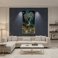 Peinture Murale Décorative en Verre Artistique Cerf Doré et Arbre Doré au Design Moderne, Tableau de Luxe en Porcelaine Cristalline pour la Maison