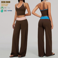 Ensemble de yoga pour femme color block, haut dos nu et leggings taille haute effet push-up, brossé, séchage rapide, effet ventre plat, vente en gros