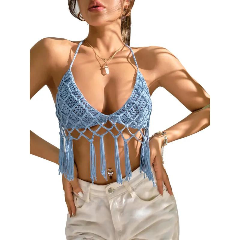 Bikini de Crochet con borlas y encaje para Mujer, traje de baño de malla con realce, estilo brasileño, hecho a mano, con sujetador grande