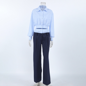 Set da Ufficio Personalizzato OEM per Donne Ispirato ai Designer, <span class=keywords><strong>Camicia</strong></span> Corta a Quadri Blu <span class=keywords><strong>e</strong></span> <span class=keywords><strong>Pantaloni</strong></span> Eleganti Blu Navy, <span class=keywords><strong>Completo</strong></span> Coordinato Due Pezzi - Product Image 4