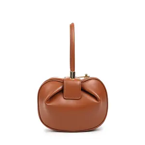 Vintage Elegant Leather Bucket Handbags Ladies Solid Dumpling Bag Top-handle Clutches Evening Tote Bags