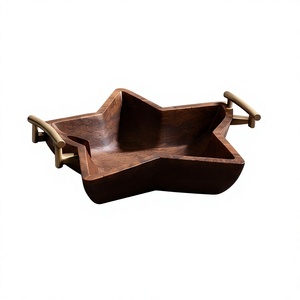 Walnut Stained <b>Mango</b> <b>Wood</b> Serving <b>Bowl</b> Star Shaped Wooden Salad <b>Bowl</b> with Polished Metal Side Handles - Product Image 1