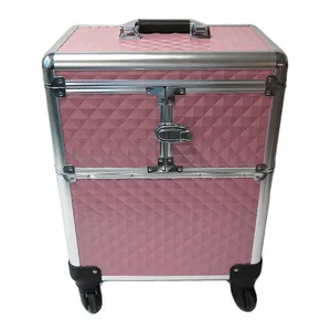 OEM aluminum beauty pink empty compact train rolling professional trolley wheels cosmetic make up boxes organizer makeup case