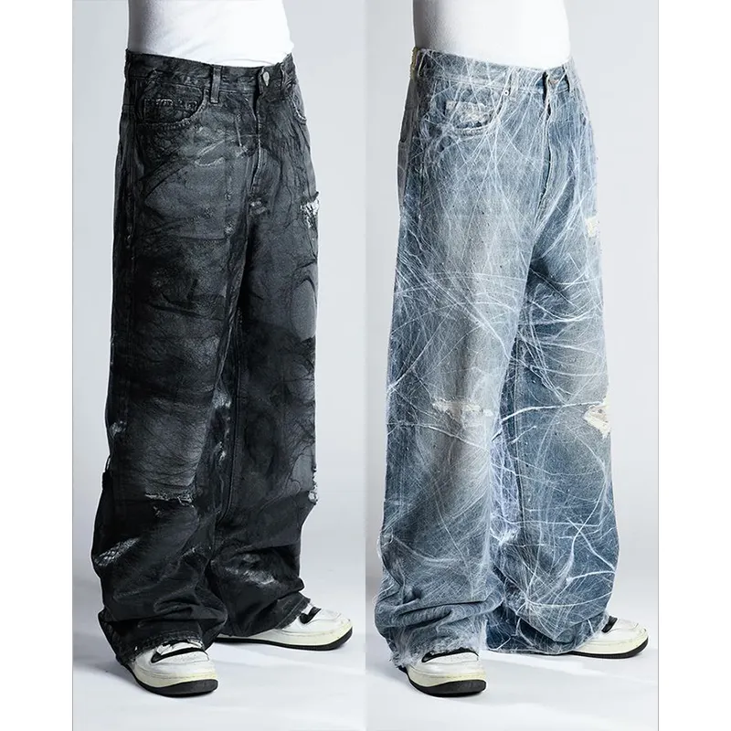 ג'ינס דיזניו מפעל המון בגדים חדשים מכנסיים סיטונאי גברים ג'ינס רחב ג'ינס מעצב עכביש הדפס אינטרנט מכנסי ג'ינס ג'ינס גברים