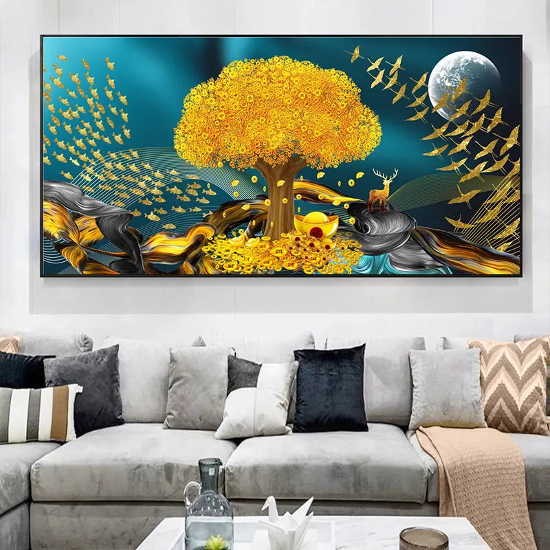 Landscape Gold Luxury Modern Abstract Deer and Tree Moon Wall Pictures Print on Canvas Oil Painting For Home Living Room Decor