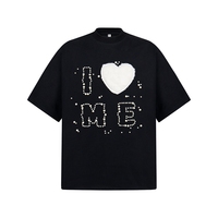 Camiseta de Alta Calidad, Estilo Urbano, Lujosa, Oversize, 180gsm, 100% Algodón Tejido, con Cuentas, Transpirable, Cuello Redondo, Manga Corta, Diseño 3D en Forma de Corazón