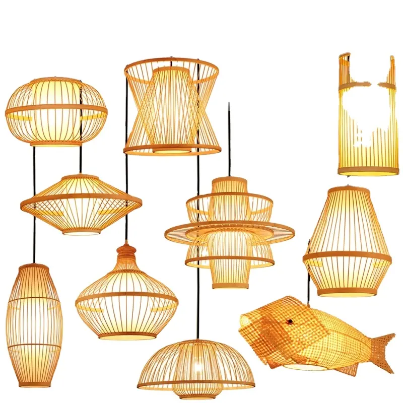 AUXO New Vintage Bamboo Wicker Rattan Wave Shade Pendant Light Hanging Ceiling Lamp Fixture home decor bamboo lampshade