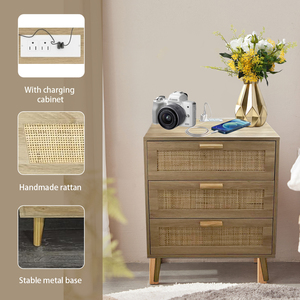 Gabinetes de almacenamiento de madera con cajón, mesita de noche con ratán tejido para sala de estar - Product Image 4