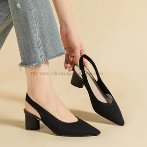 Chaussures de princesse européennes et américaines en tricot, couleur unie, à bride arrière, à bout pointu, décolletées, avec côtés ouverts, pour le quotidien - Product Image 2