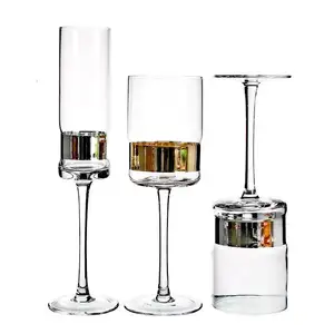Handmade Crystal Customized Elegant Gold Colored Electroplated Golden Wine Glass Goblet Glasses Set For Wedding Party