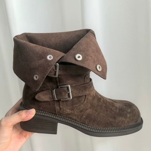 Brown Faux Suede Ankle Chelsea <b>Boots</b> Round Toe Buckle Strap Comfort Rubber Outsole Autumn Solid Color - Product Image 4
