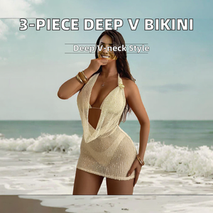 Ensemble 3 pièces fait main texturé pour femme : Robe de plage brésilienne transparente à col en V profond, haut triangle et paréo - Product Image 2