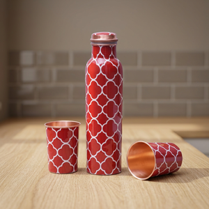 Enamel Copper Water Bottle Round Metal Flask with Lid and Cup Pattern <b>Drinkware</b> for Home Office Travel Gift - Indian Home Crafts - Product Image 1