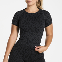 T-shirt sans couture imprimé léopard ARCHNANO pour femme, haut de yoga et de fitness à lignes contrastées, crop top de sport pour la gym, vêtements de sport fitness
