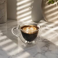 Tasse en verre à double paroi transparente en borosilicate haute résistance, design simple fait main, avec poignée, pour boire du café ou du thé