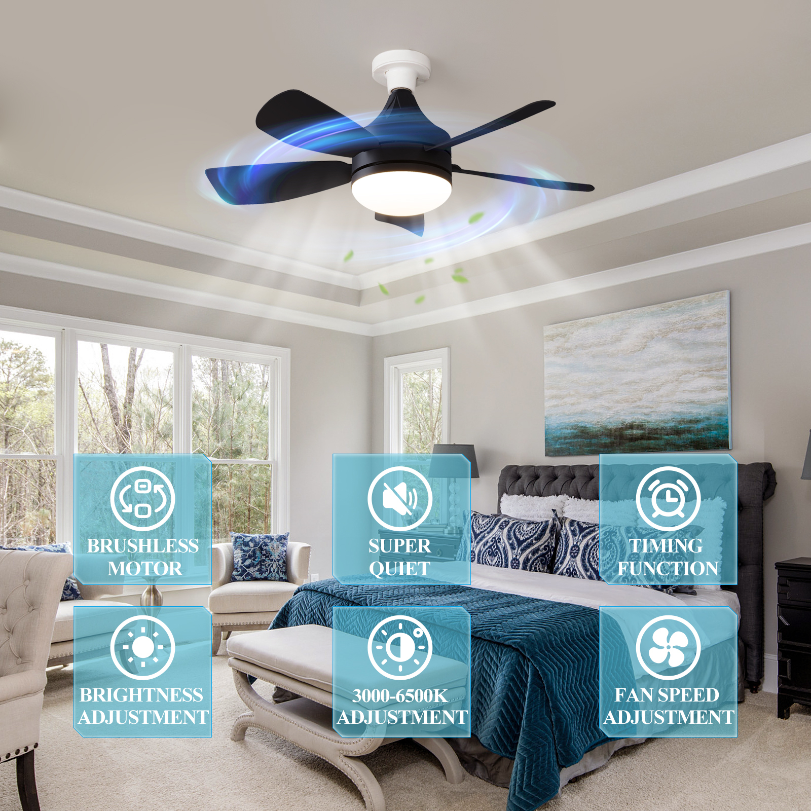 Wholesale Easy to Install 5 Blades Fan Lamp Bedroom Living Room Modern Remote Control Led 3 Color Dimmable Ceiling Fan Light