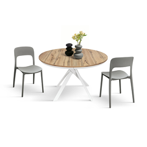 Gabri Extendable <b>Round</b> <b>Table</b> 120-170 Cm Rustic Oak Melamine Top <b>White</b> Iron Base Indoor Dining - Product Image 3