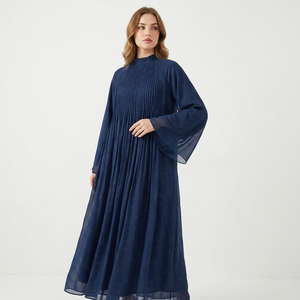 Abaya plissée bleu marine à manches longues, col montant, longueur au sol, robe musulmane modeste pour femmes - Product Image 1