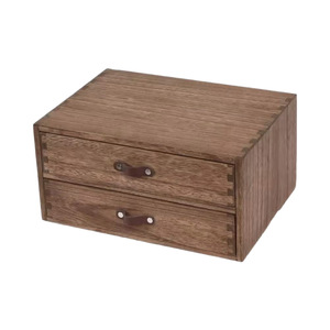 Wooden 2 <b>Drawer</b> Desk <b>Storage</b> <b>Box</b> With Leather Handle Office Organizer Rectangle Standing Type - Product Image 2