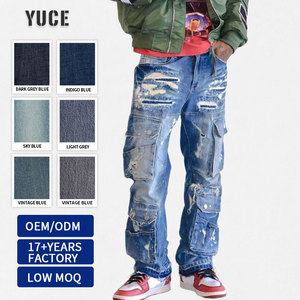 Jeans en denim personnalisés YUCE, faible MOQ, multi-poches, coupe droite, pantalon <span class=keywords><strong>cargo</strong></span> en denim, <span class=keywords><strong>Y2K</strong></span>, hip-hop, jeans pour hommes déchirés - Product Image 1
