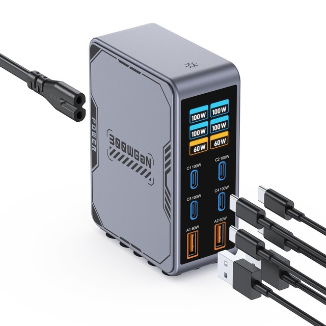 300W Ultra High Power GaN Charging Station, Multi USB Ports Quick Charger Plug, PD QC Fast Charging Technology Desktop Charger