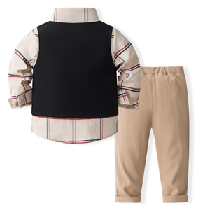 Catpapa Vente en gros Ensemble 4 pièces pour garçons : Chemise à carreaux, <span class=keywords><strong>Gilet</strong></span> <span class=keywords><strong>noir</strong></span>, Pantalon kaki, Nœud papillon – Tenue de cérémonie - Product Image 2