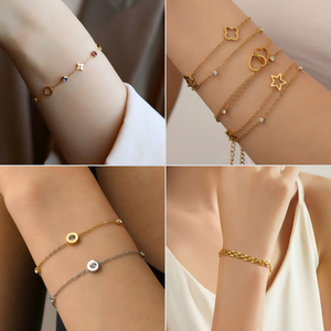 FY Fashion Schmuck Armbänder für Damen und Mädchen Minimalistisches Mehrreihiges Kettenarmband aus Edelstahl mit Geburtsstein-Anhänger Kleeblatt Herz - Product Image 1