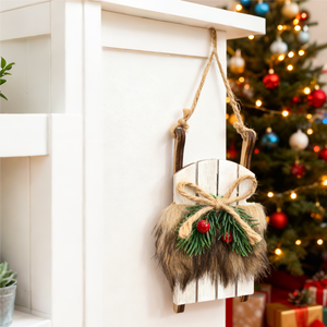L'ornamento appeso della slitta di Natale in legno con un arco fatto di corda di canapa viene utilizzato per decorare l'albero di Natale - Product Image 1