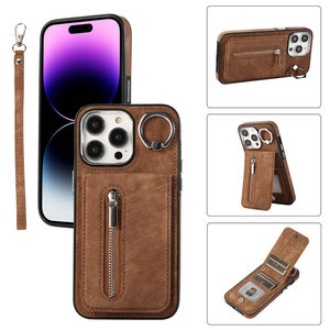 Funda de tarjeta con cremallera y cierre de anillo de dedo con sensación de piel inferior superior para <span class=keywords><strong>iPhone</strong></span> 11 <span class=keywords><strong>14</strong></span> 15 16 <span class=keywords><strong>Pro</strong></span> Max Wallet Fundas para teléfonos móviles con anillo - Product Image 2
