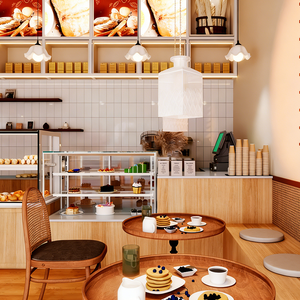 Airy Wood-Toned Coffee & Bakery Featuring Glass Displays, Tiered Dessert Racks, Integrated Lighting, and Simple Pendant Lamps - Product Image 3