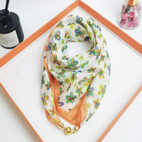 Syal Chiffon Segi Empat Wanita Motif Bunga untuk Musim Gugur, Dapat Digunakan Sebagai Ikat Kepala Segitiga dan Penutup Leher