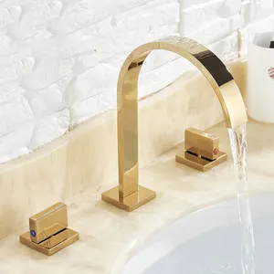 Torneira dourada da bacia do banheiro, água quente e fria três furos dois puxadores misturador torneira monte deck torneira da banheira lavável