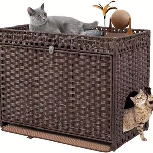 Armoire pour litière de chat en rotin PE tissé à la main, multifonctionnelle, avec espace de toilette caché et privé pour chats - Product Image 4