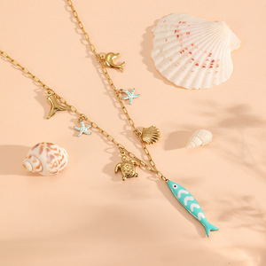沃英海洋风格海豚壳海星不锈钢沙滩长鱼吊坠项链 - Product Image 3