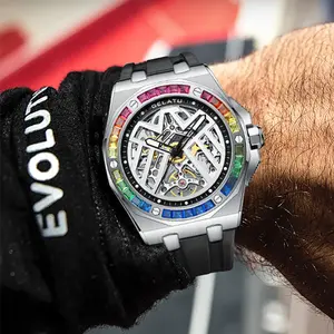 MOQ 1PCS GELATU Men Luxury Skeleton Design Rainbow Bezel Wristwatch Leather Silicone Strap Automatic Mechanical Watch