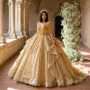 Vestido de Fiesta Largo Estilo Sirena/Trompeta con Apliques de Cuentas y Estampado Floral, Modelo Xs232, Dorado Moderno, para Quinceañera - Product Image 1