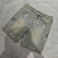 Shorts en jean baggy pour homme, style streetwear, avec appliques personnalisées, patchwork, respirants, en coton mi-lourd, délavés à l'acide, pour l'été
