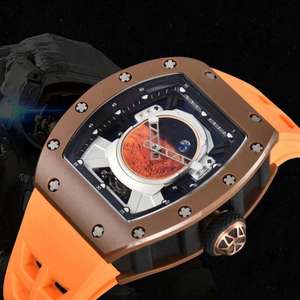 Montre mécanique automatique Mars Dial pour hommes, boîtier en fibre de carbone marron, montre-bracelet de sport de luxe, étanche, bracelet en caoutchouc orange - Product Image 2