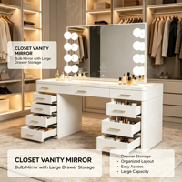 Coiffeuse moderne de luxe avec éclairage coloré, 13 tiroirs, blanc et noir, miroir réglable, pour chambre à coucher - Nouveauté 2026