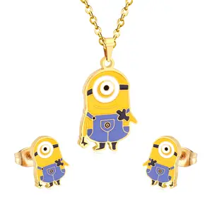 Enamelled cartoon Colorful Beautiful Princess Gold Plated Stainless Steel jewelry set earring pendant necklace Set