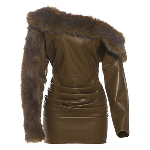 Abito Elegante Retrò Monospalla con Collo in Pelliccia, <span class=keywords><strong>Vestito</strong></span> Aderente a Maniche Lunghe in <span class=keywords><strong>Pelle</strong></span> PU per Donna, Autunno - Product Image 2