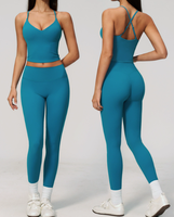 Ensemble de sport deux pièces personnalisé pour femme, été, uni, col halter, court, longueur genou, effet push-up, sans couture, séchage rapide, yoga et fitness