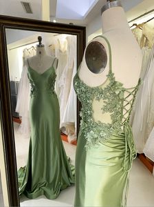Robes de soirée pour femmes en satin <span class=keywords><strong>vert</strong></span>, nouvelle broderie, sans manches, sirène, dos lacé - Product Image 5